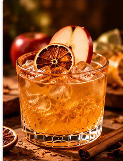 Apple cider margarita with a dried citrus wheel and apple slices