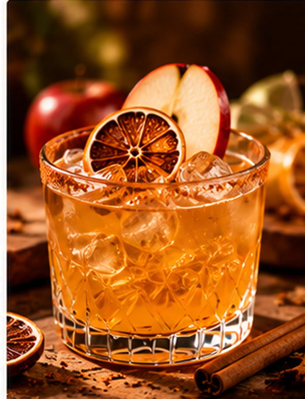 Apple cider margarita with a dried citrus wheel and apple slices