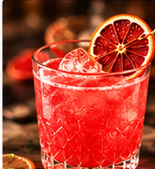 Blood orange drink garnished with a dried blood orange wheel