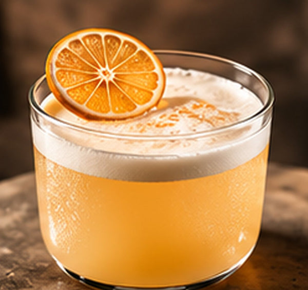 Whiskey sour topped with a dried lemon wheel