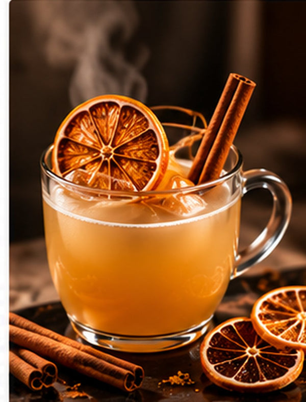 Hot toddy in a glass mug with a cinnamon stick and dried citrus wheel