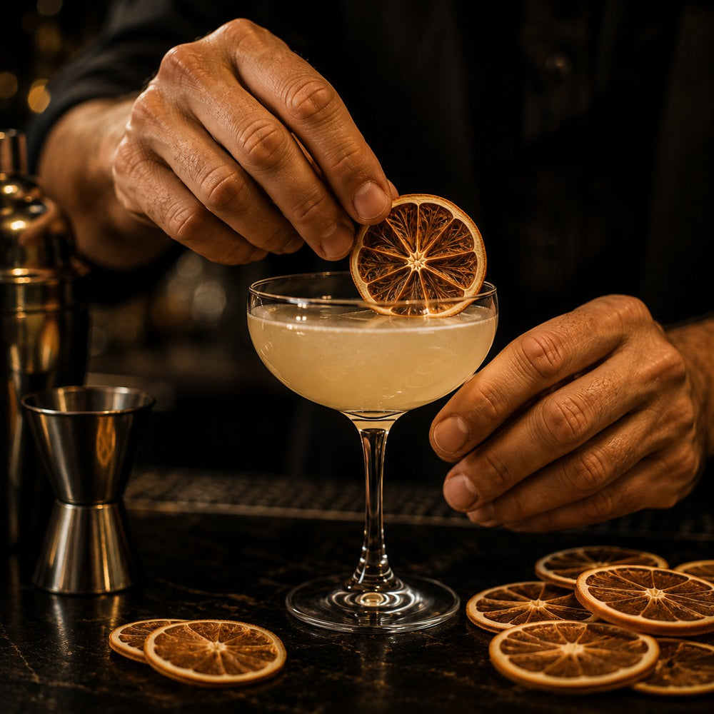 Bartender placing a dried orange wheel on a coupe cocktail