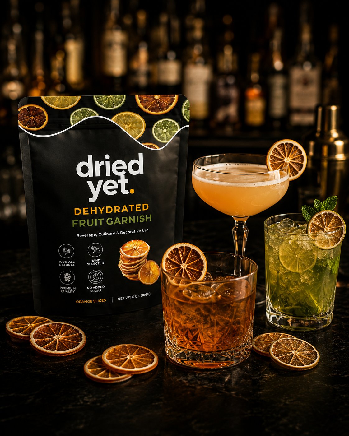Dried Yet. garnish pouch beside cocktails garnished with dried citrus on a dark bar