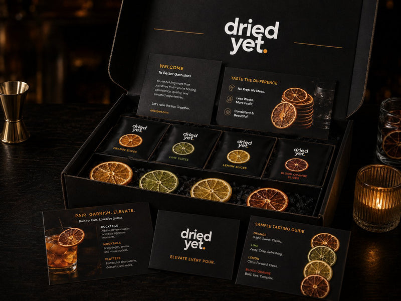 Open Dried Yet. sample kit box with dried citrus garnish packs