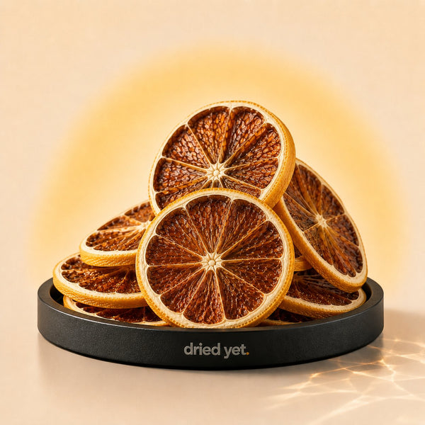 Dried Yet. lemon slices stacked on a branded display stand