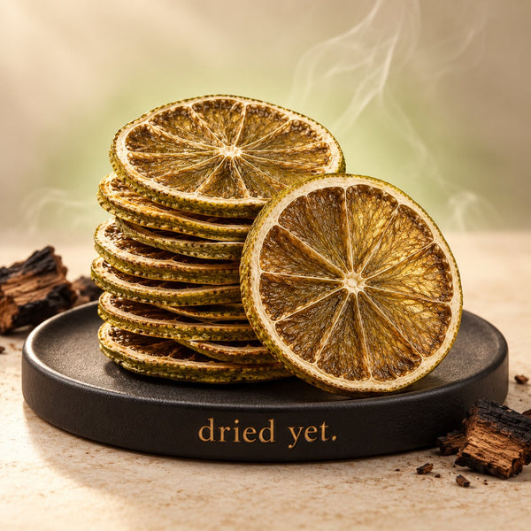 Dried Yet. smoked lime slices beside charred oak wood