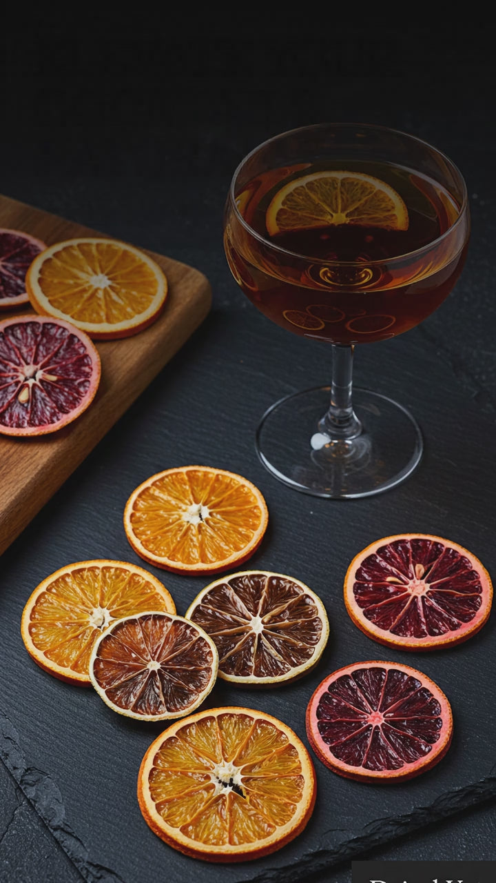 Dried orange and blood orange slices beside a cocktail: Elevate your cocktails, naturally