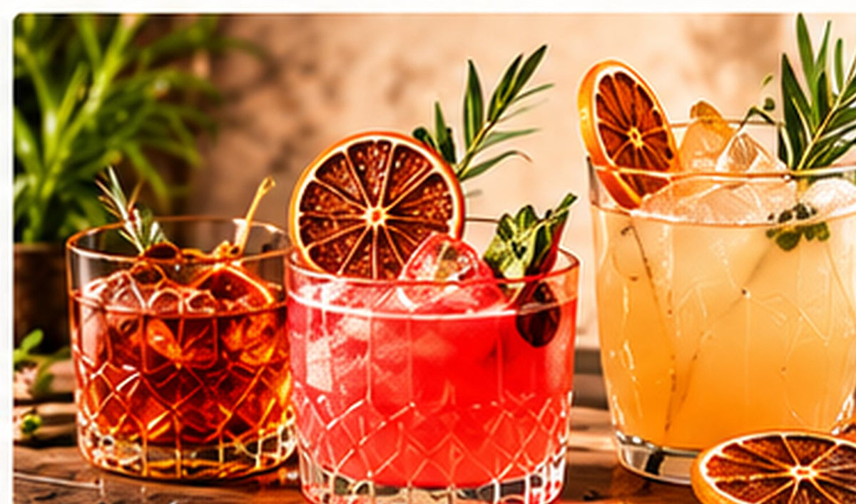 Three cocktails garnished with dried citrus and rosemary