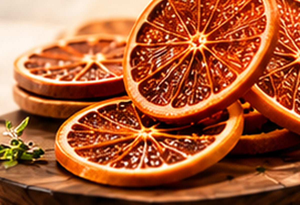 Dried blood orange slices on a wooden board