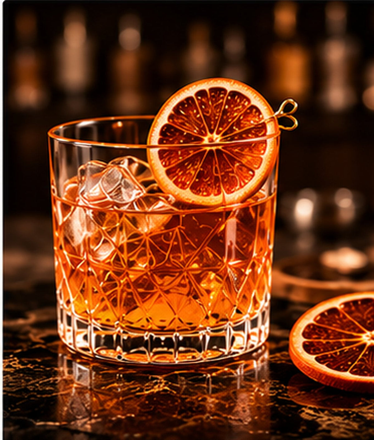Old fashioned cocktail garnished with a dried orange wheel